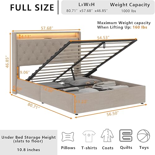 Miniatura 19 de Loomie Base de cama King con estación de carga y luces LED, cama tapizada con cabecera de almacenamiento copetuda con botones, almacenamiento Gris