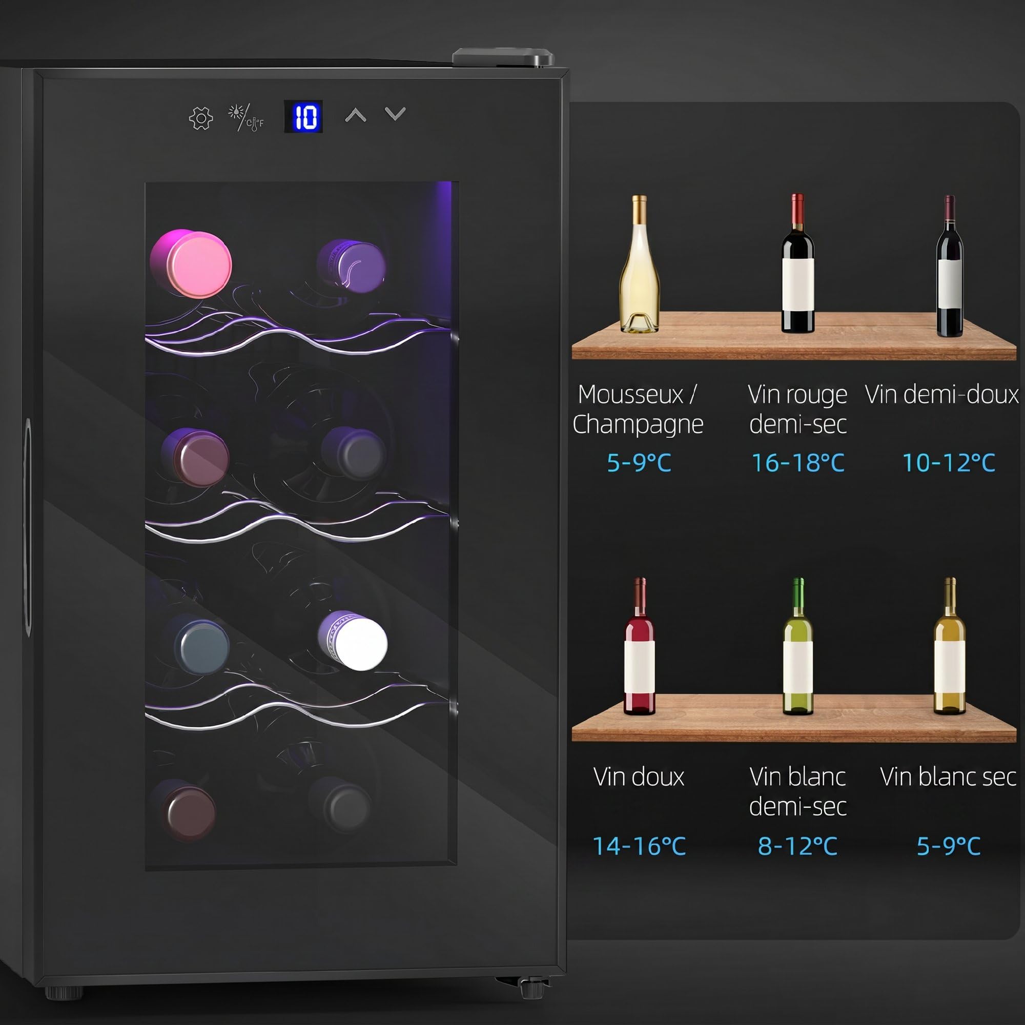 HOMCOM Cave à Vin 8 Bouteilles 21L, Réfrigérateur à Vin avec Température Réglable 8-18°C, Porte en Verre Trempé Anti-UV, Noir
