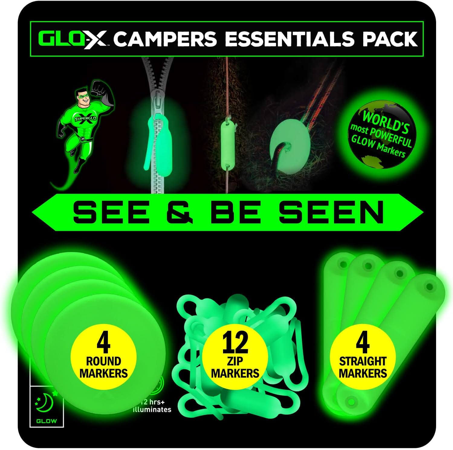 GLO-X Campers Essentials Pack - Powerful Glow in The Dark Camping Accessories for Tent Campers - Round & Straight Mini Glow Markers - Glow Zipper Pulls - Solar Powered Markers 12+ Hours Illumination