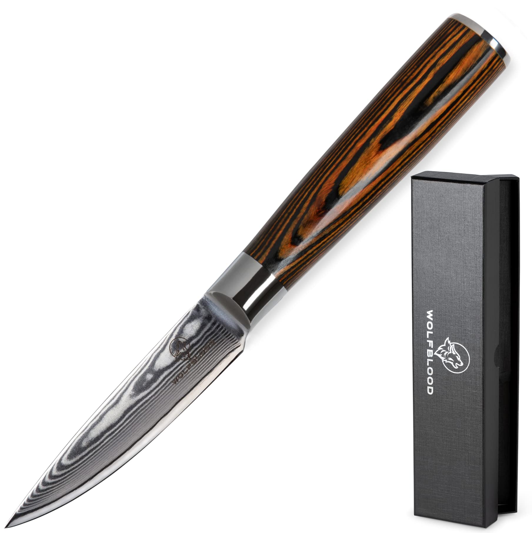 Wolfblood Damastmesser Schälmesser S (20cm) TÜV geprüfter 62 HRC Damaststahl aus 67 Lagen I Obstmesser Officemesser Damast Küchenmesser mit Holzgriff Geschenkbox & Klingenschutz