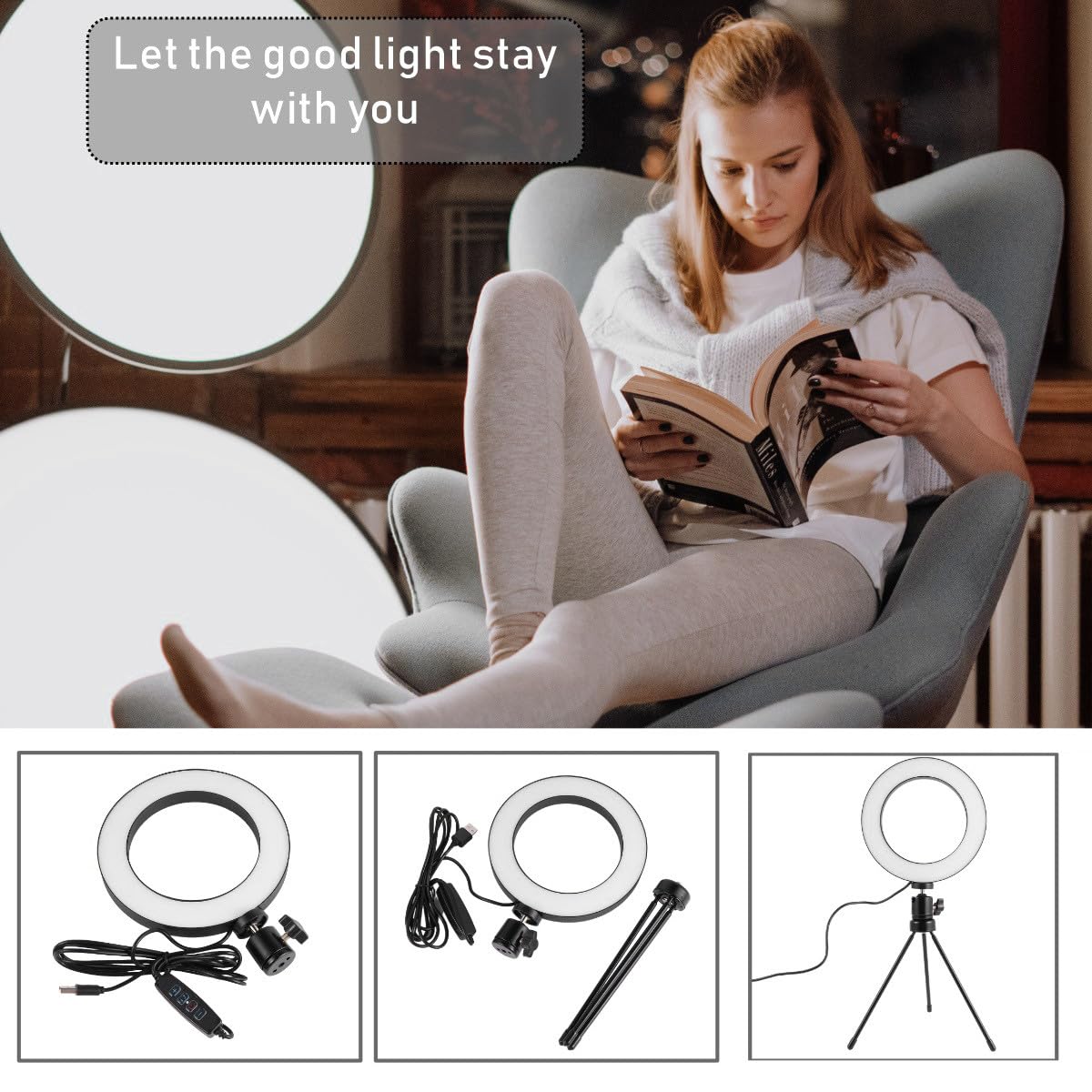 BESTYASH Anillo de Luz LED para Móvil con 2 Piezas, Lámpara de Relleno para Maquillaje y Video, Luz Portátil de Metal y Plástico con Soporte de 16 Cm