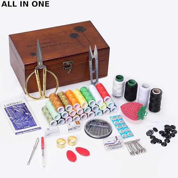 Wooden Sewing Kit Box, Wooden Sewing Box with Sew Kit Accessories, Sewing Repair Kit Sewing Basket, Basic Sewing Kit for Adults, Beginner Universal Home Sewing Repair Tool Kit - Vintage Sewing Set