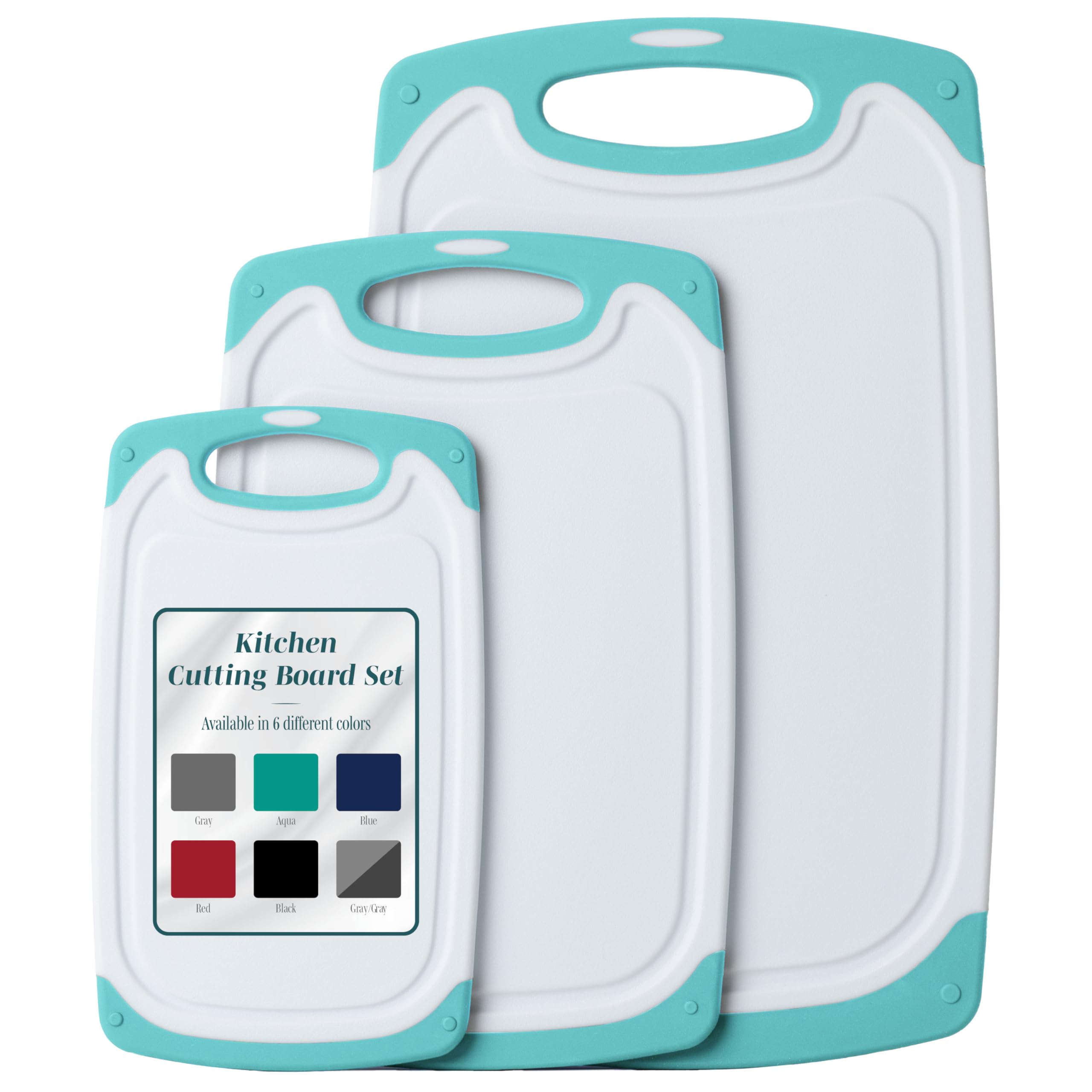 Cutting Boards for Kitchen - BPA-Free Chopping Board - Different Sizes & Non Slip Handles - Reversible, Large Cutting Board Set - Unique Gifts for Cooks Who Have Everything - 3-Pack Aqua