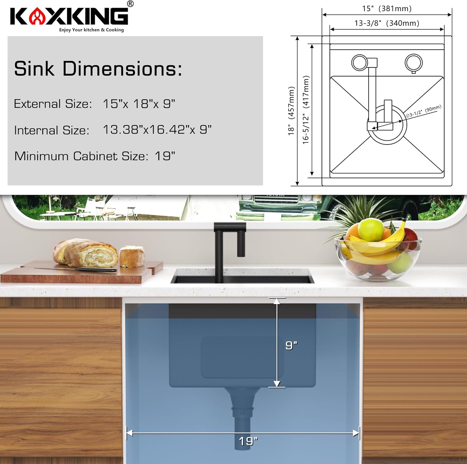Outdoor Kitchen Sink 15x18 Inch with Foldable Faucet, Nano Black 16 Gauge Stainless Steel RV Camper Bar Prep Workstation Sink with Cutting Board Cover, Bottom Grid & Drain Kit