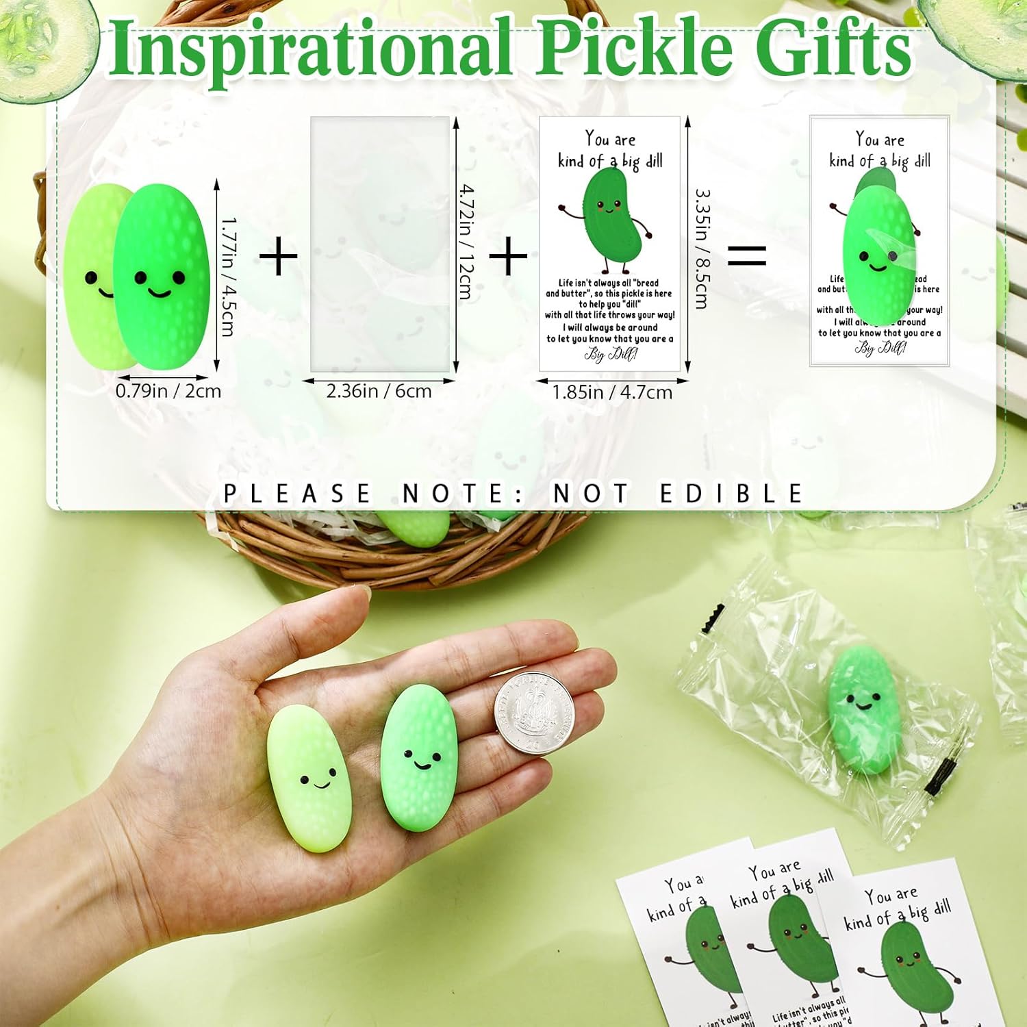 Wettarn 60 Sets Emotional Luminous Pickle Stress Ball Gift Bulk Graduation Appreciation Gift Cute Inspirational Pickle Squeeze Mini Stress Relief Ball Positive Card for Teacher Coworker Nurse Staff.