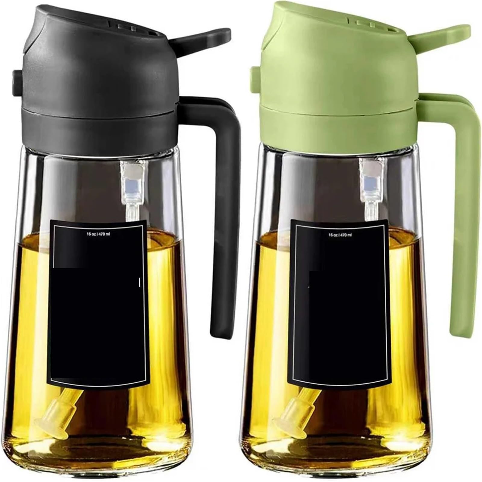 NGTFDCP Oil Dispenser, Oil Sprayer For Cooking,2in1 Dispenser Bottle For Kitchen,16oz/470ml Glass,Food-grade Mister for Air Fryer, Salad(2pcs Black Green)