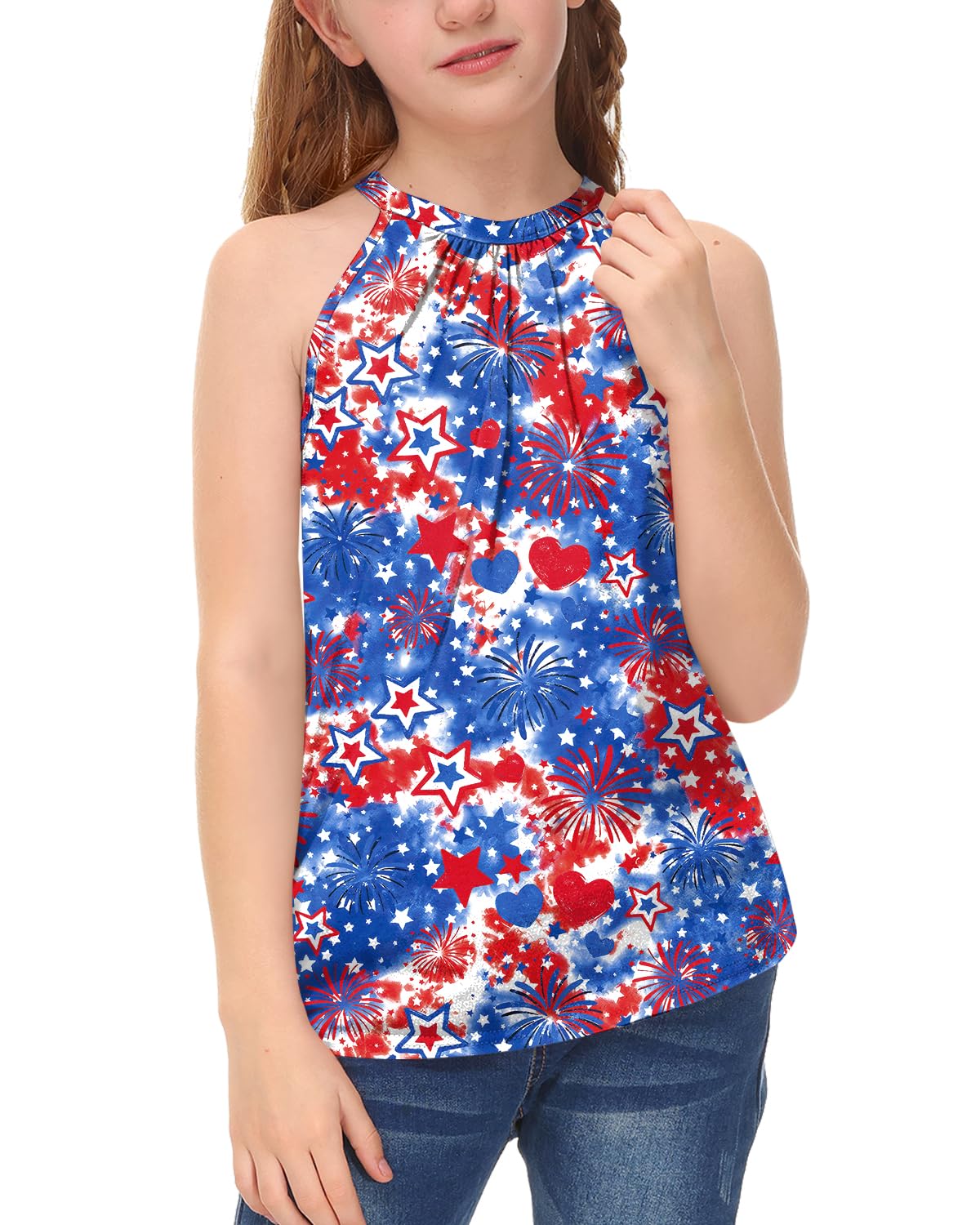 BesserBay Girls Summer Back Button Halter Neck Tank Top Cold Shoulder Casual Blouse Pleated Sleeveless Shirts 5-14 Years