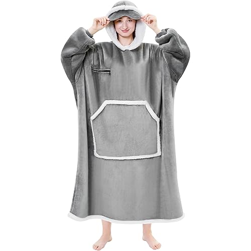 IFNOW Wearable Blanket Hoodie,Oversized Sherpa Hooded Blanket Sweatshirt with Eye Mask and Pocket,Cozy Flannel Blanket with Sleeves for Adult, Christmas Birthday Gifts for Women Mom Girlfriend,Grey