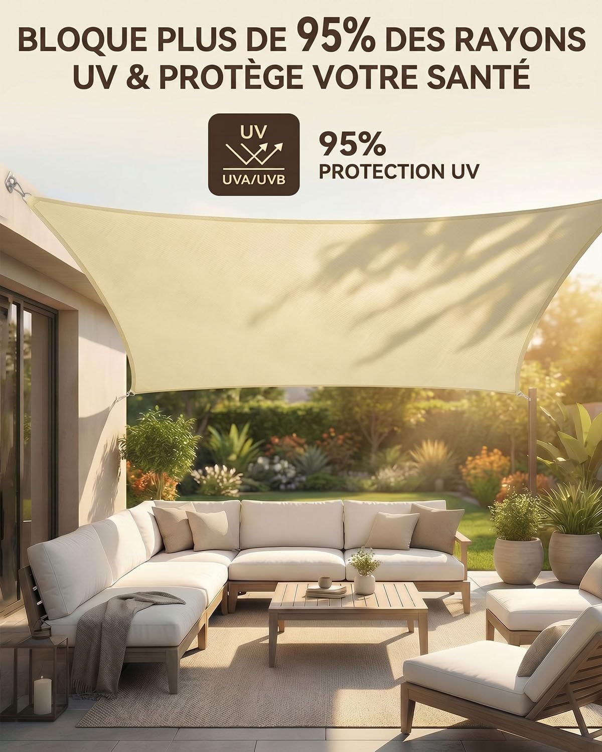 MOXTOYU Voile d'ombrage Imperméable Rectangulaire, Polyester PES avec 95% Protection UV, Résistant aux Intempéries et Durable, Toile Ombrage Exterieur pour Jardin, Extérieur - Crème - 3 x 4m