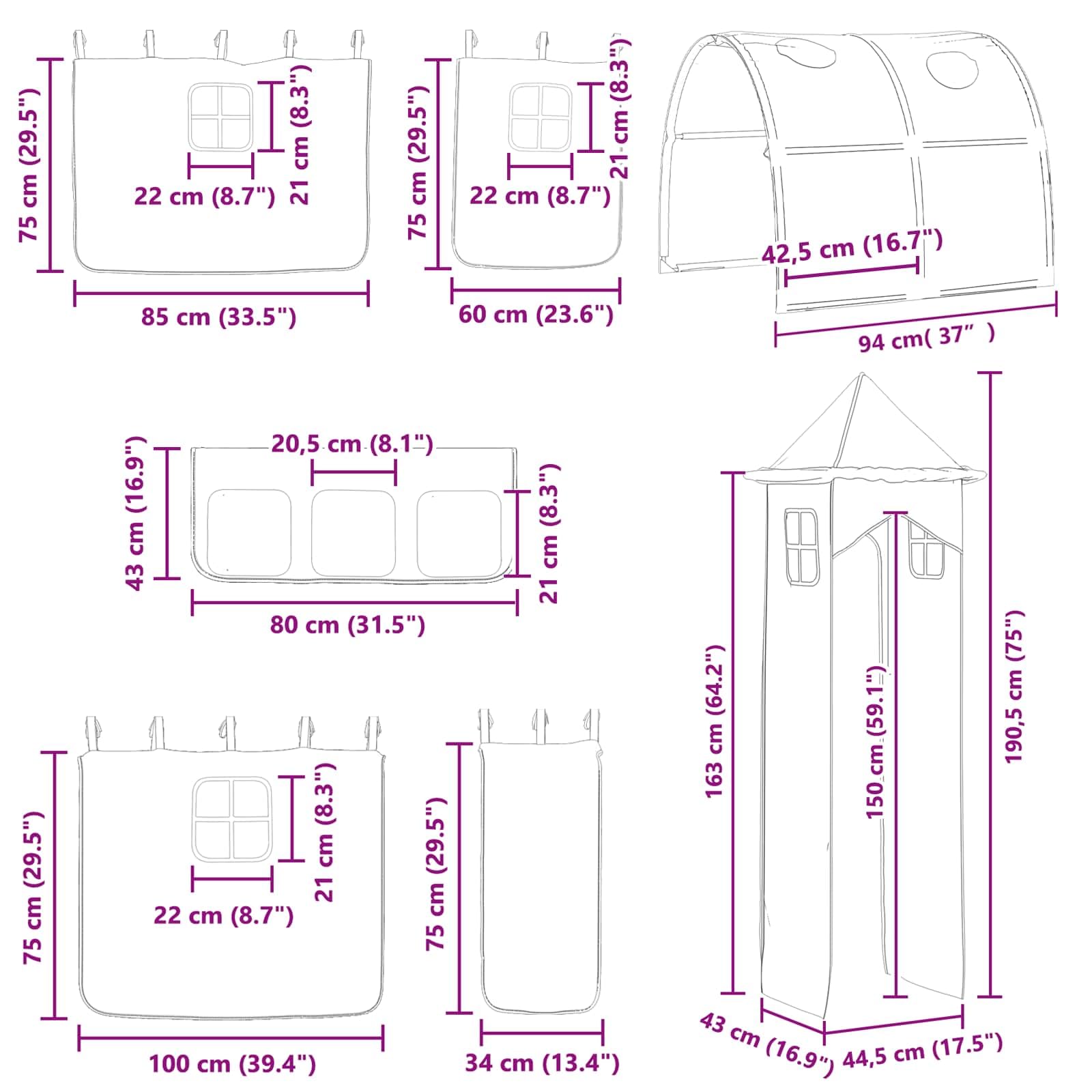Kinderloftbett Metallbett Schwarz und Pink 80 x 200 cm mit Lattenrost und Matratze, Hochbett mit Vorhängen, Rutsche und Turm für Kinderzimmer, stabiles Bettgestell für Jugendzimmer