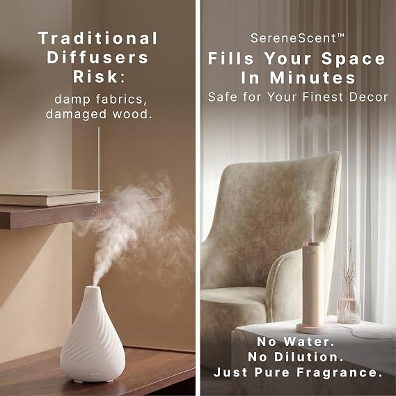Homedics SereneScent Waterless Diffuser, Cold Air Scent Machine for Home, Diffuser for Large Rooms, App-Controlled Fragrance Diffuser with Timer and Ambient Lights, Beige