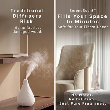 Homedics SereneScent Waterless Diffuser, Cold Air Scent Machine for Home, Diffuser for Large Rooms, App-Controlled Fragrance Diffuser with Timer and Ambient Lights, Beige