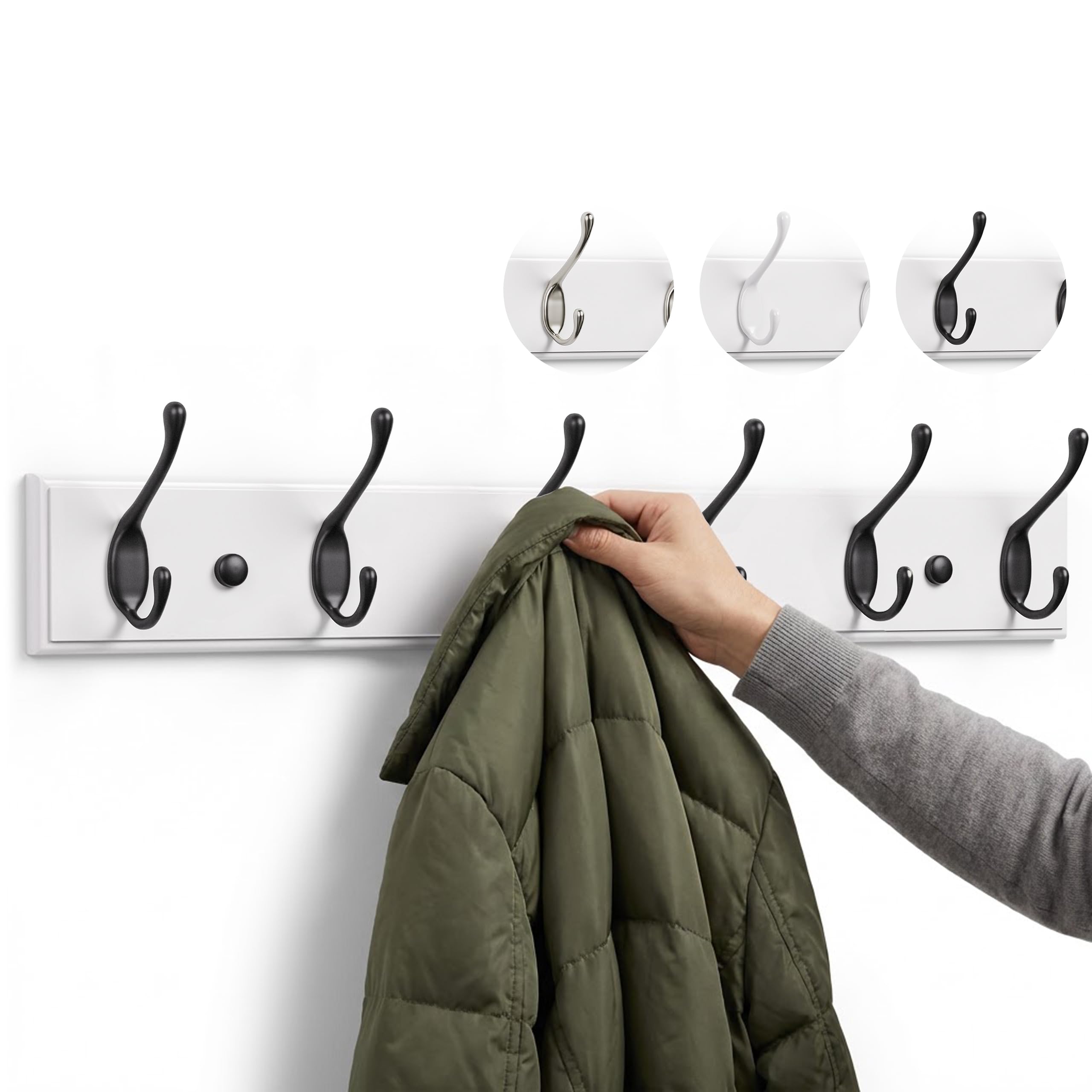Larhn White & Black White Wall-Mounted Coat Rack - 6 Black Coat Hooks, 59Cm