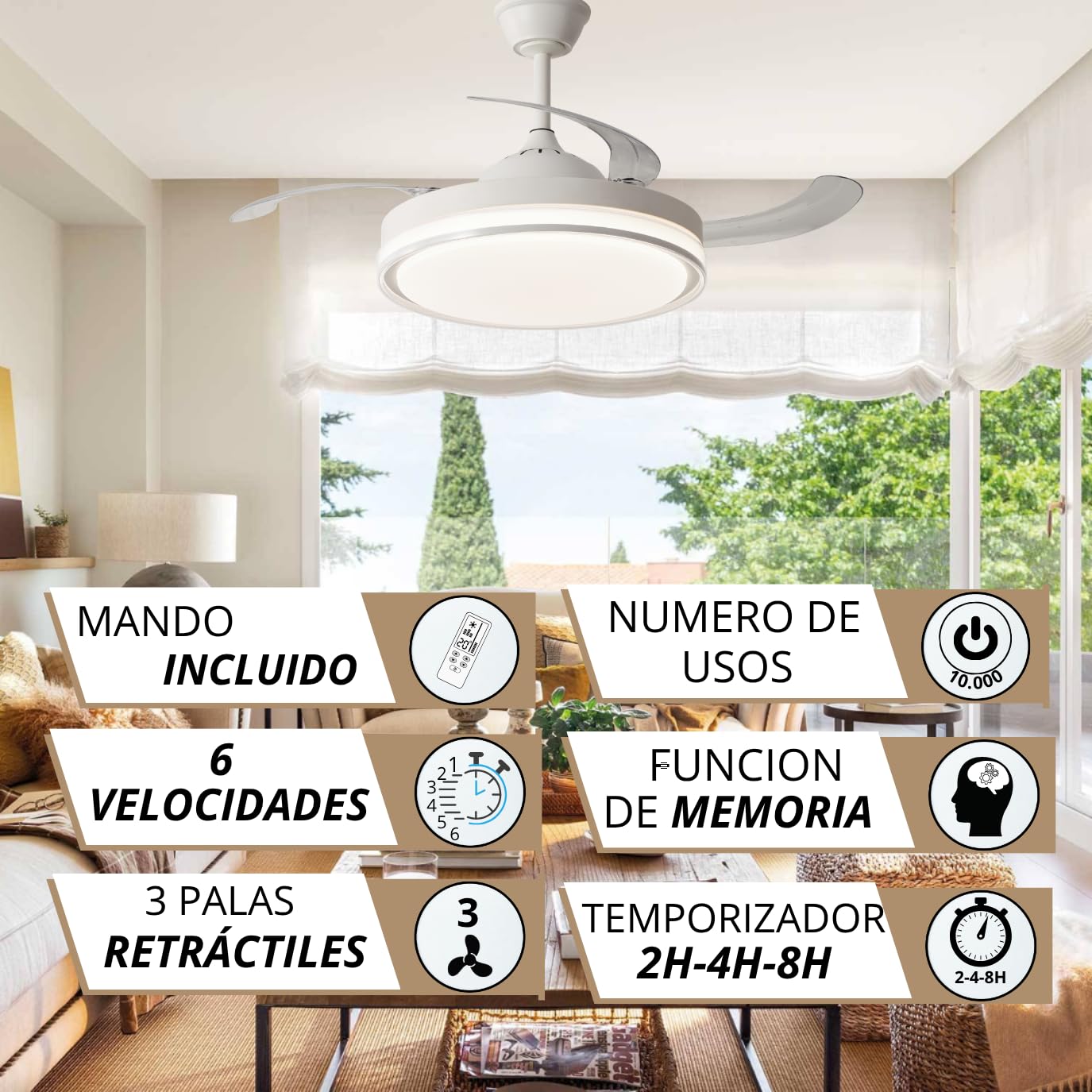 NARVI Ventilador de Techo Blanco con Luz LED Regulable, Motor DC 30W Silencioso de Bajo Consumo, Lámpara Ventilador con Mando a Distancia, 3 Aspas Retráctiles, Función Invierno Verano, LOVANIA 1576 WH