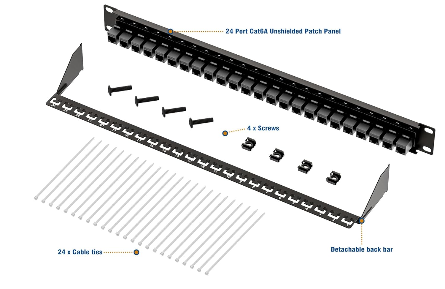 iwillink 10Gbps Cat6A Patch Panel 24 Port, Keystone Patch Panel UTP 19-Inch with Back Bar, Wallmount or Rackmount RJ45 Patch Panels 1U, Compatible with Cat5, Cat5e, Cat6, Cat6A Cabling