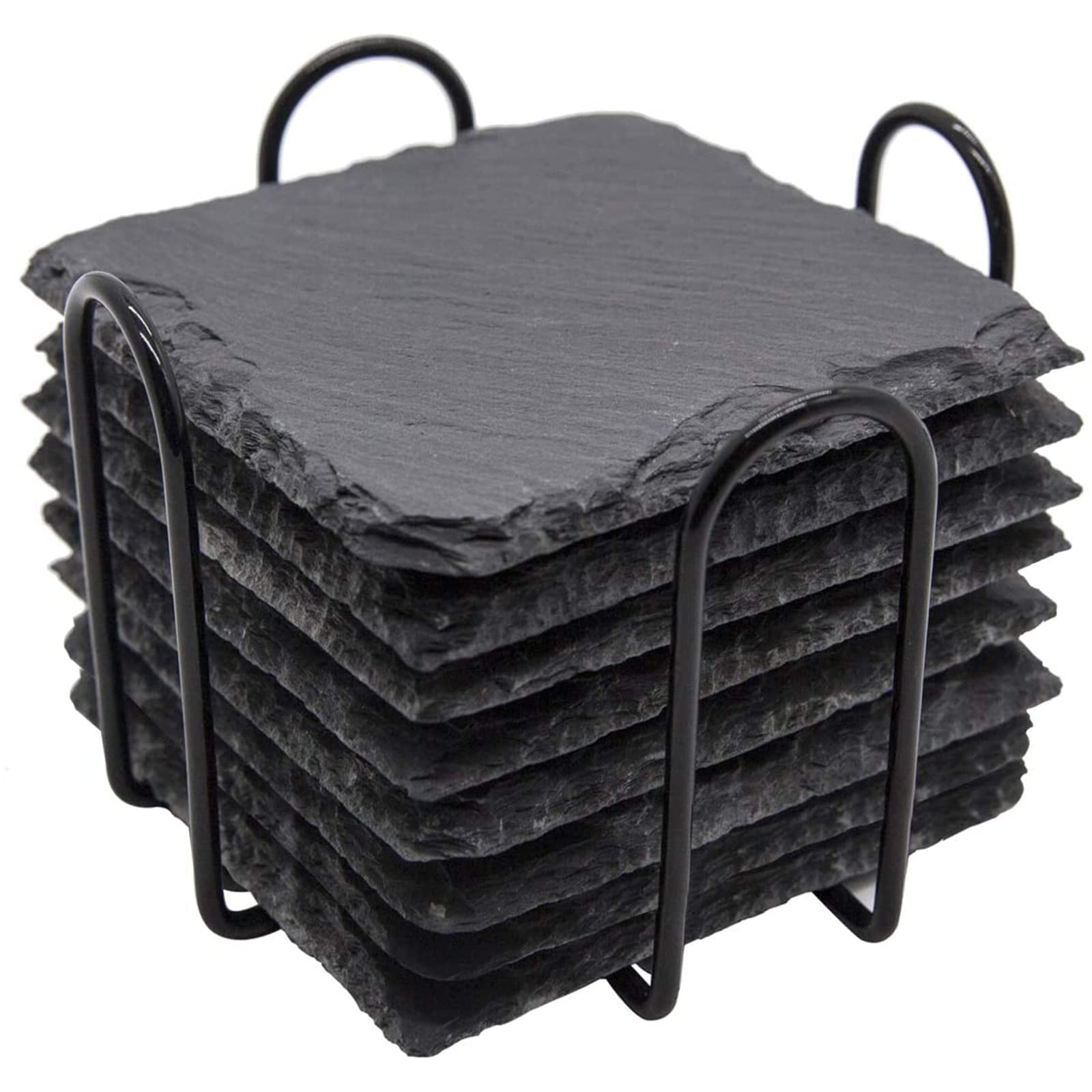 Tepengdie Square Slate Drink Coasters Set with Metal Holder (10cm, 8 Pieces, Black)