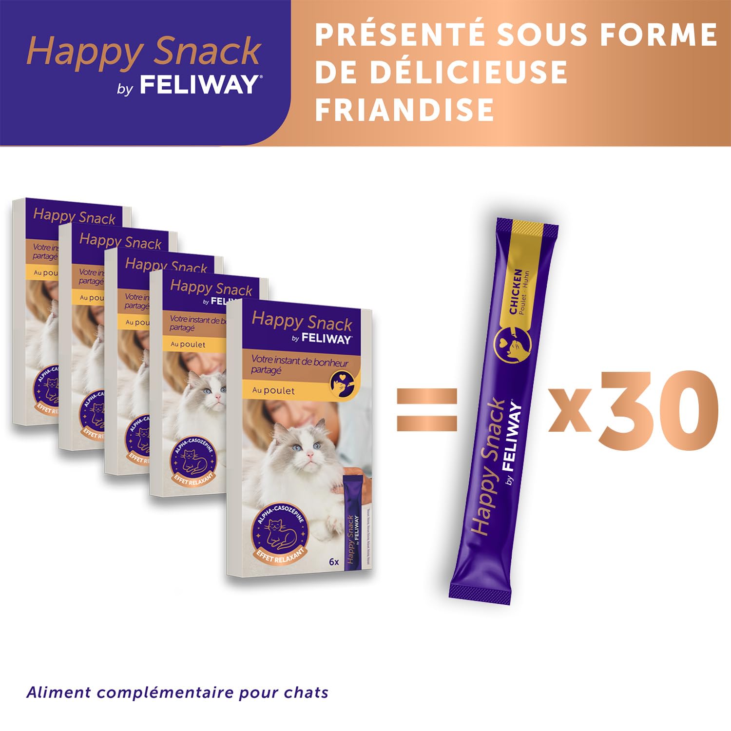 Happy Snack by FELIWAY - Pack de 5 boits - Friandise Onctueuse Relaxante pour Chat - Appréciée par 86% des Chats - sans Somnolence - Au Poulet - 30 Sticks de 15g