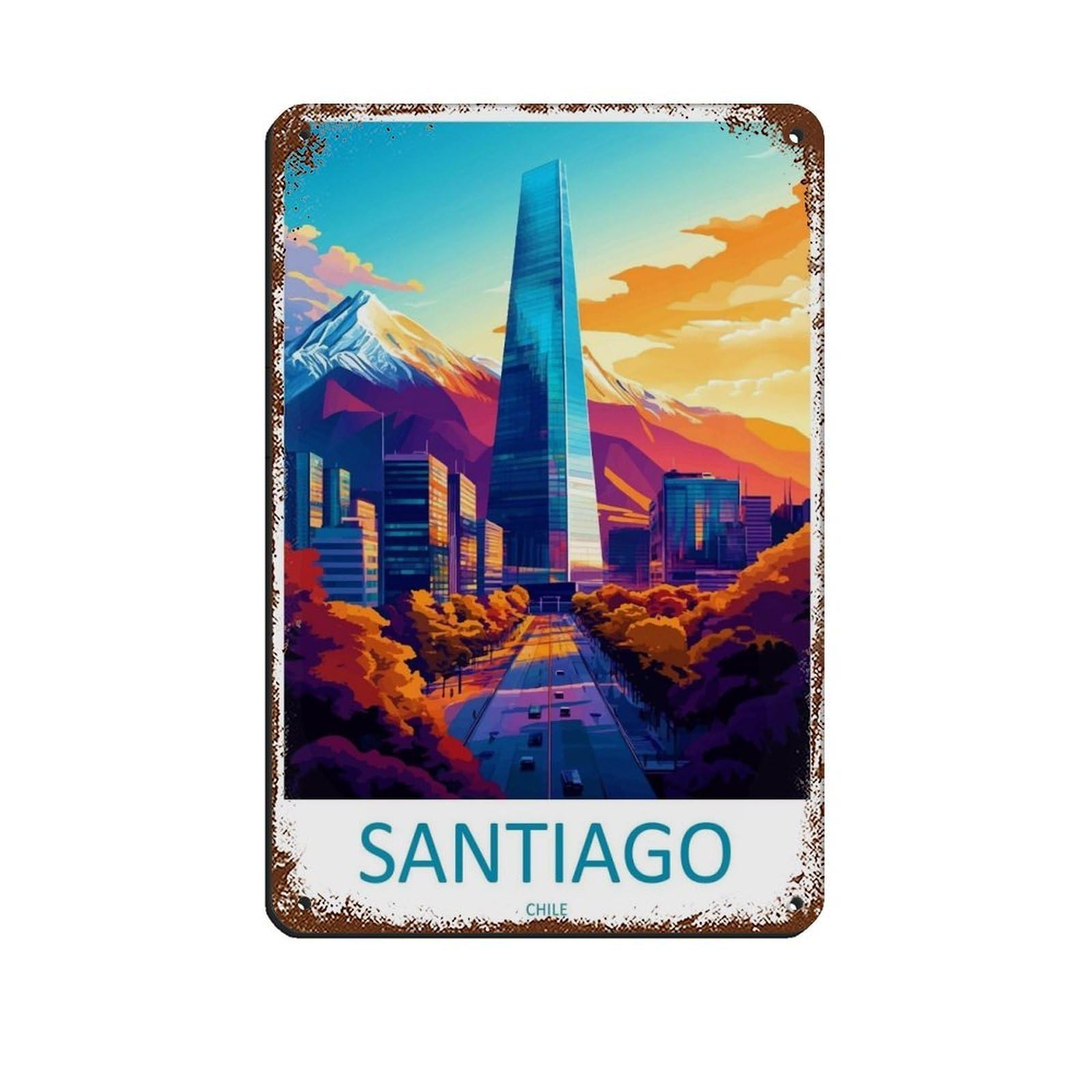 Santiago Travel Art Chile Tin Sign Vintage Metal Pub Club Cafe Bar Home Wall Art Decoration Poster Retro 8x12inch(20x30cm)