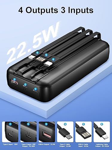 Miniatura 2 de Cargador portátil de 49800 mAh Cargador de teléfono portátil con 3 cables integrados (USB-C, iOS, USB-A), pantalla LED de carga rápida de 22.5 W,