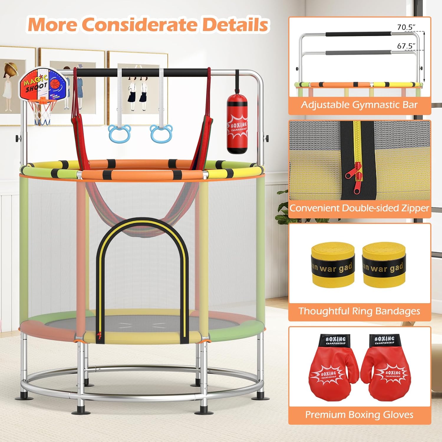 Goplus 55" Toddler Trampoline, 6-in-1 Mini Trampoline for Kids Up to 440LBS w/Hammock, Basketball Hoop, Adjustable Gymnastics Bar, Rings, Punching Bag, Safety Net, Gift for Boys Girls Age 3+