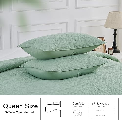 Miniatura 7 de Qucover Juego de edredón verde salvia tamaño Queen, juego de ropa de cama verde de 3 piezas tamaño Queen, juego de edredón con patrón de cesta de