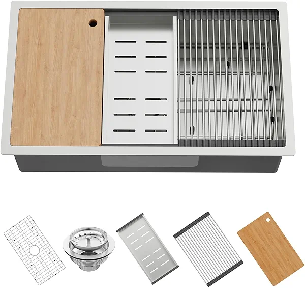 Kitchen Sink Workstation,32"x19" Stainless Steel Undermount Single Bowl Sink Built-in Ledge Drop In Workstation Sink Design For Placing/Sliding Accessories-Cutting Board,Drying Rack,Colander