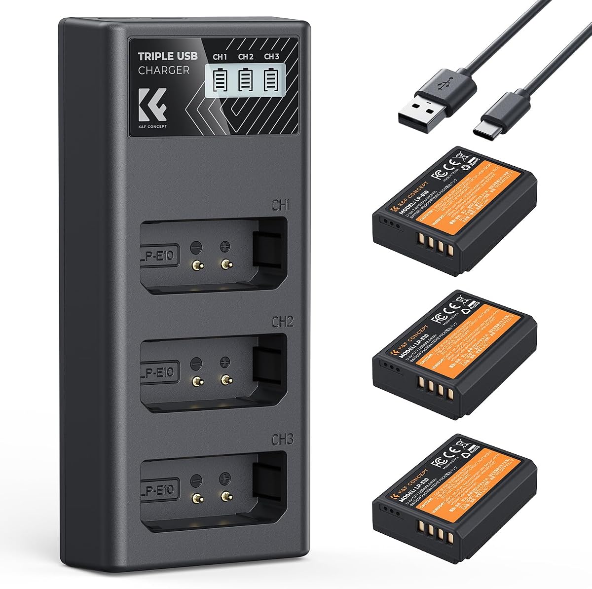 LP-E10 Battery 3-Pack and Upgraded Rebel T7 Battery Charger Compatible with Canon Rebel T7 T6 T5 T100, Kiss X50 X70 X80 X90, EOS 1100D 1200D 1300D 1500D 2000D Camera