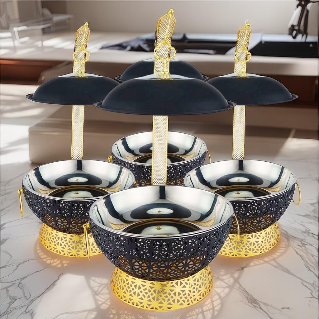 Black Chafing Dishes for Buffet,8Qt Luxury Chafing Dish with Hanging lid,Elegant Hollow-Out Buffet Warmer for Weddings, Parties, Catering & Events,4 Packs