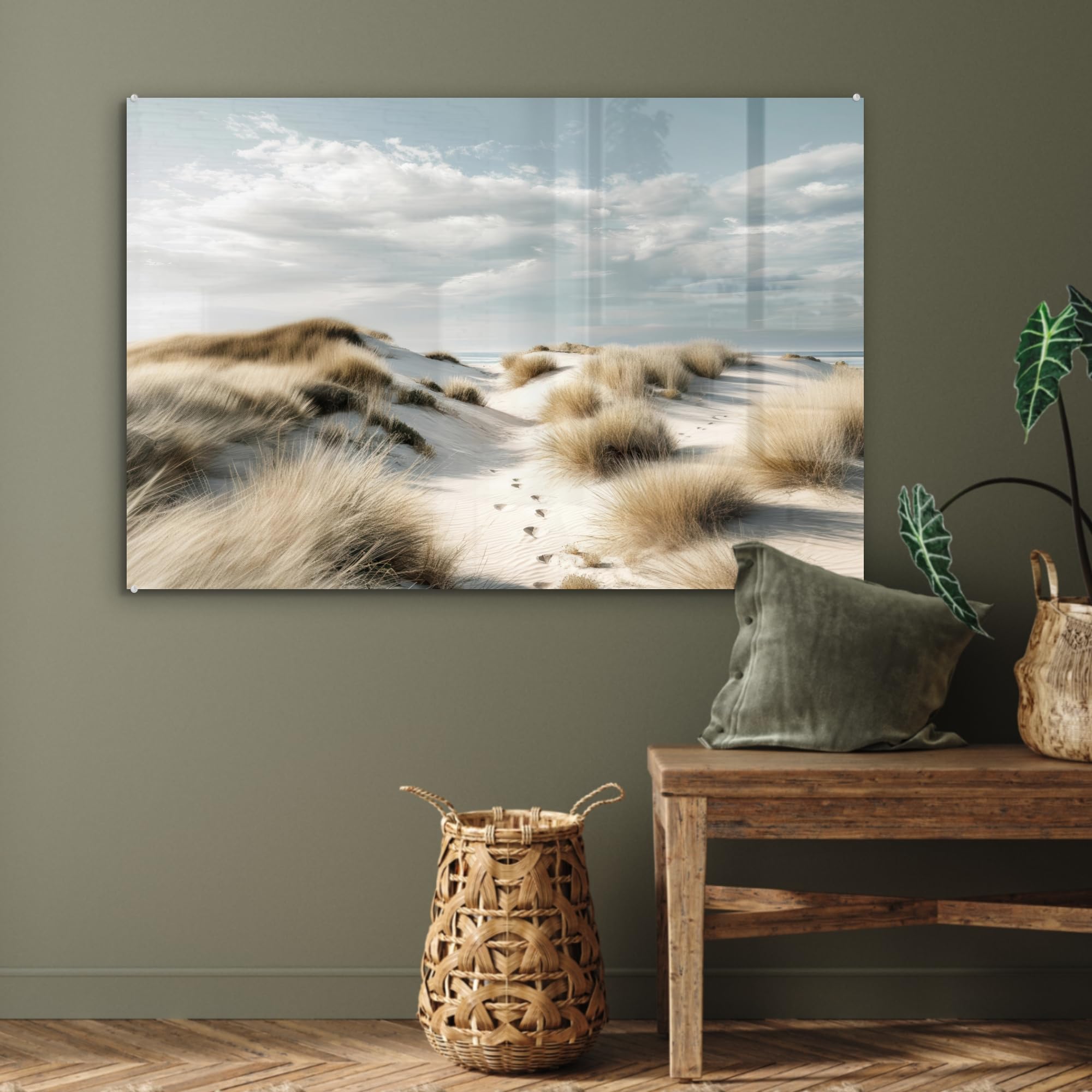 MuchoWow© Bild auf Glas 120x80 cm Schlafzimmer Bilder Badezimmer Wand Deko Wohnzimmer Modern Wanddeko Bilderwand Geschenk Dünen - Gras - Spuren - Wolken