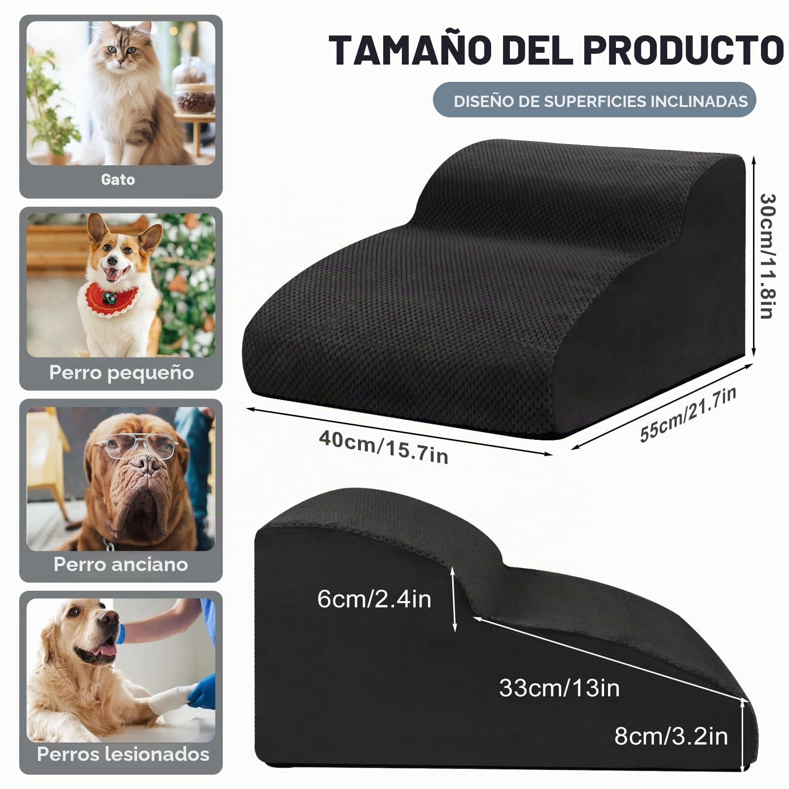 Escaleras para Perros de 2 Peldaños, Rampa para Mascotas de Espuma de Alta Densidad, Escaleras para Mascotas con Cubierta de Felpa Extraíble y Lavable, para Sofá o Cama, Negro