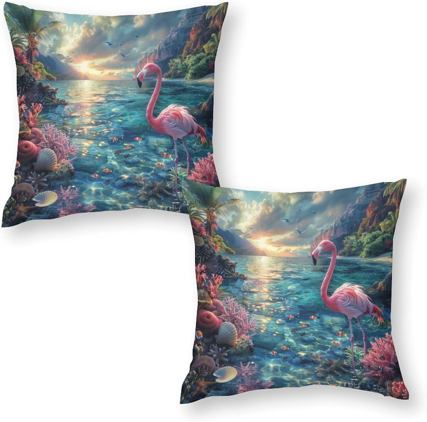 2 Packs Tropical Nature Coastal Throw Pillow Covers for Living Room, Fantasy Ocean Coral Flamingo Pillow Covers Cushion Case for Couch Sofa Bed, 16x16 inch