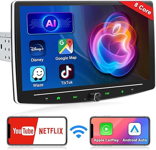 Estéreo de coche con pantalla táctil DIN de 10 pulgadas con Carplay inalámbrico y Android Auto inalámbrico, radio de coche Android ajustable con