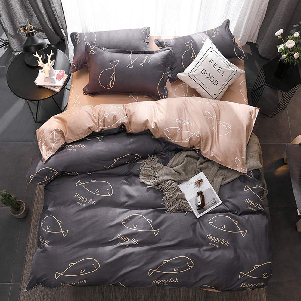Housses de couettes 2 personnes parure de lit double 4 pièces avec drap motif imprimé baleine