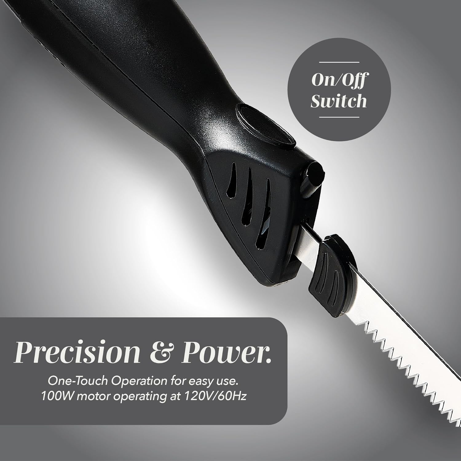 COOK WITH COLOR Electric Knife, 100W Power, Dual Stainless Steel Blades for Precise Cutting, Ergonomic Handle, Low Noise and Vibration, Ideal for Bread, Meat, and Vegetables, Black