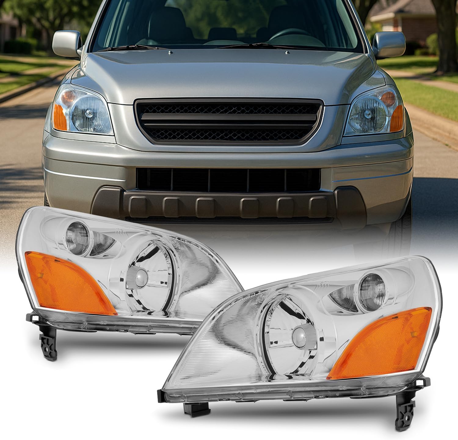 AKKON - For 2003-05 Honda Pilot JDM Black Bezel OE Replacement Headlights Driver/Passenger Amber Head Lamps Pair New