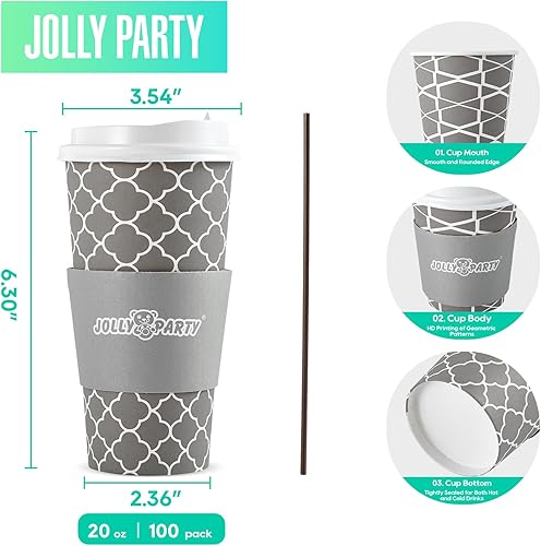Miniatura 23 de JOLLY PARTY [100 juegos] Tazas de café de papel de 12 onzas, tazas de café desechables con tapas, fundas y pajitas, taza para beber bebidas frías