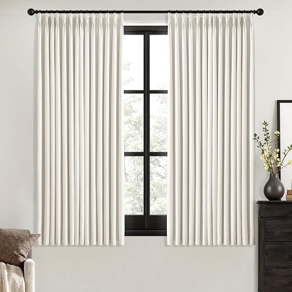 MIULEE Beige White Pinch Pleated 100% Blackout Linen Curtains 40x63 Inches