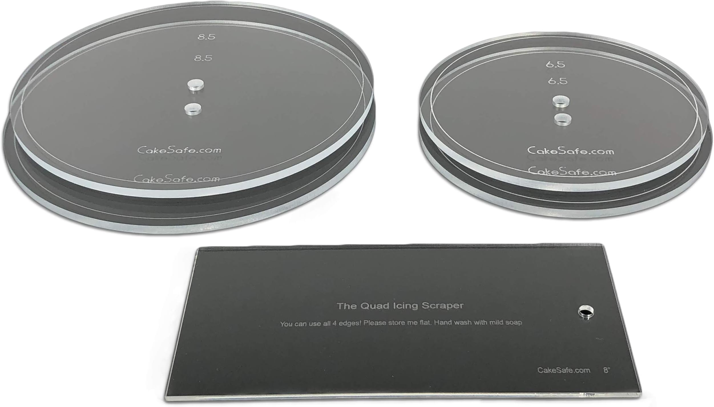 CAKESAFE Bare Necessities Cake Decorating Acrylic Disk Kit - 2 Sets-Round 6.5” and 8.5” Disk Sets and an 8” Icing Scraper for Creating Perfect Cakes