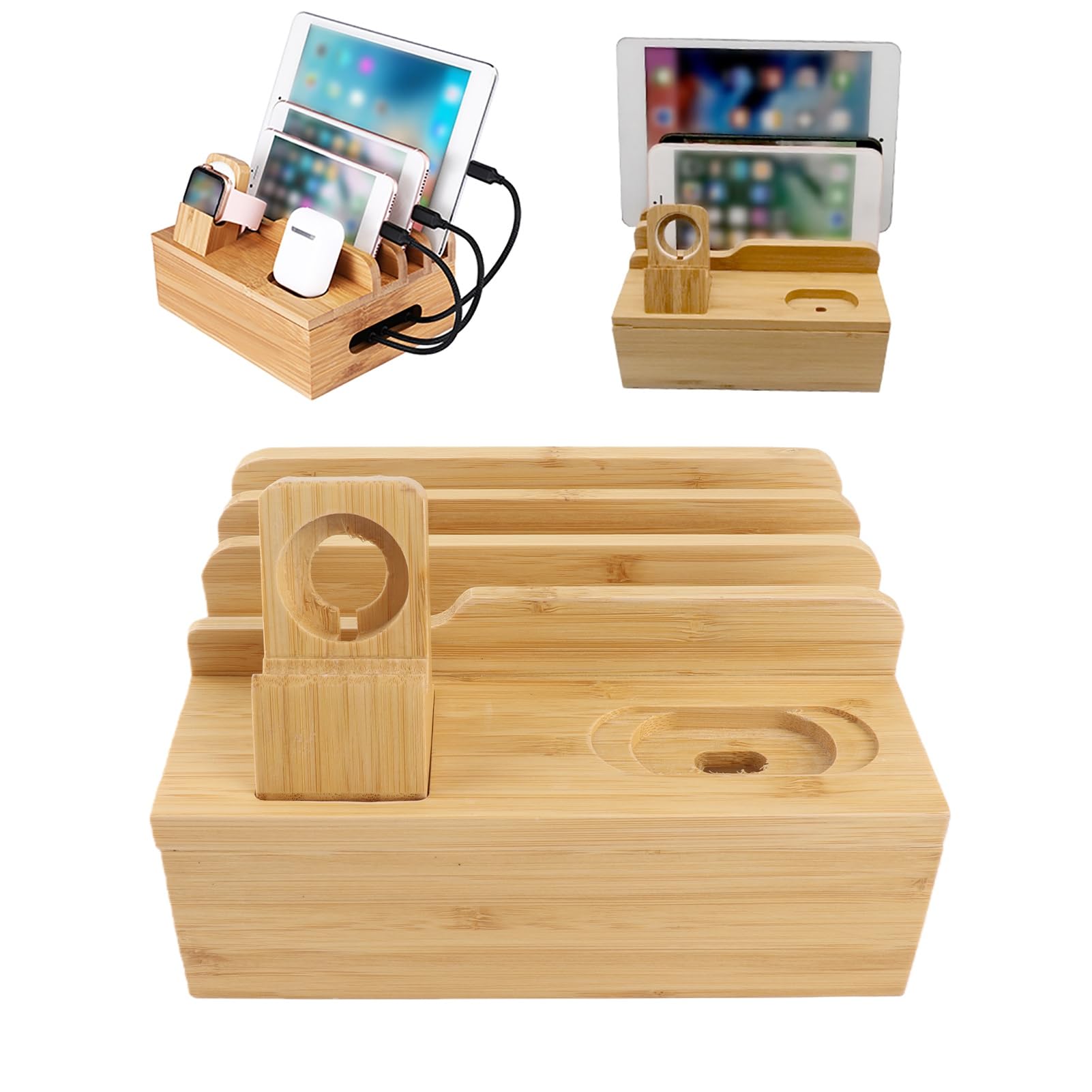 Pissente Support de Charge en Bambou, Station de Chargement Multiple avec Port USB, Organisateur de Bureau pour Téléphone, Tablette et Montre