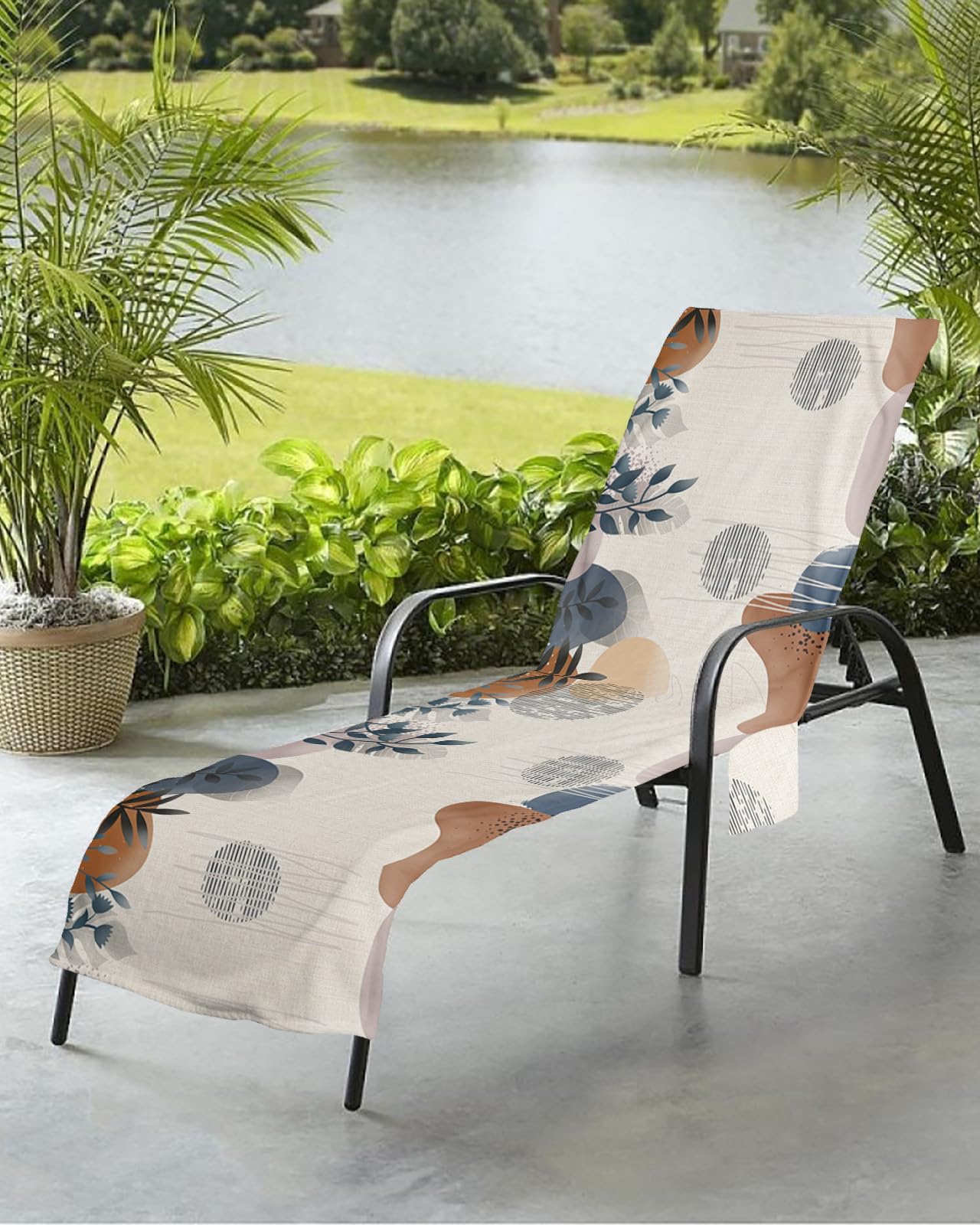 Boho Eucalyptus Beach Chair Towel Covers for Chaise Lounge with Side Pocket, Soft Plush Pool Towels Cover for Patio Sunbathing Outdoor 29''x85'' Middle Century Modern Abstract Bohemian Leaves