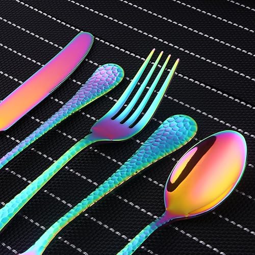 Miniatura 6 de Juego de cubiertos arcoíris de 5 piezas para 1 juego de cubiertos de acero inoxidable, incluye cuchillo de cena, mesa, tenedor, cuchara, ensalada,