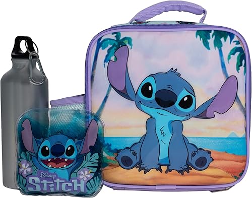 Disney Juego de lonchera Stitch para niños y niñas, botella de agua de acero inoxidable con clip de mosquetón y bolsa de hielo, bolsa de almuerzo