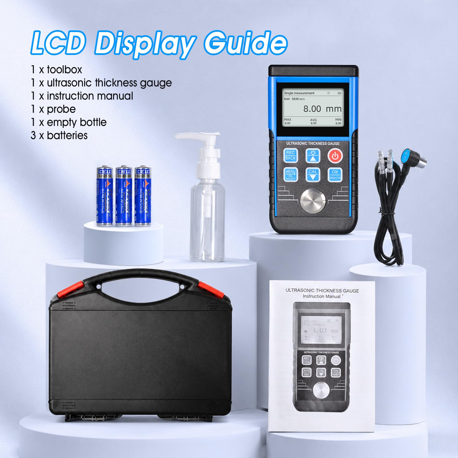 Medidor de espesor ultrasónico de 0,8 a 500 mm, de alta precisión, medidor de espesor de metal de 0,01 mm, dispositivo ZfP, medidor industrial de mano, con autocalibración, memoria de datos, sonda