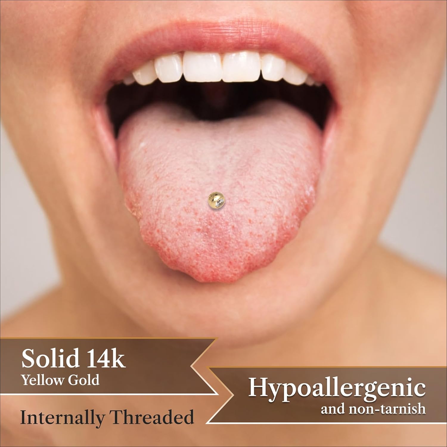 JewelryWeb - Solid 14k Gold 14G 5mm Bezel Cubic Zirconia Straight Barbell Internally Threaded Tongue Ring - Tongue Piercing Jewelry for Men and Women - Hypoallergenic Body Jewelry