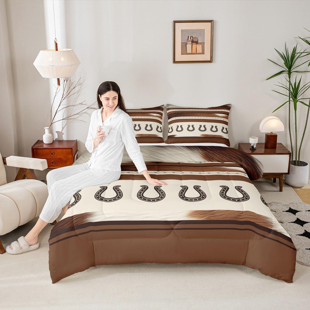 Feelyou Western Bedding Set Rustic Farmhouse Comforter Set Horse Hoof Nail Cowboy Comforter Cover for Boys Girls Teens Decor Cowhide Duvet Set Twin Size with 1 Pillow Case Boys