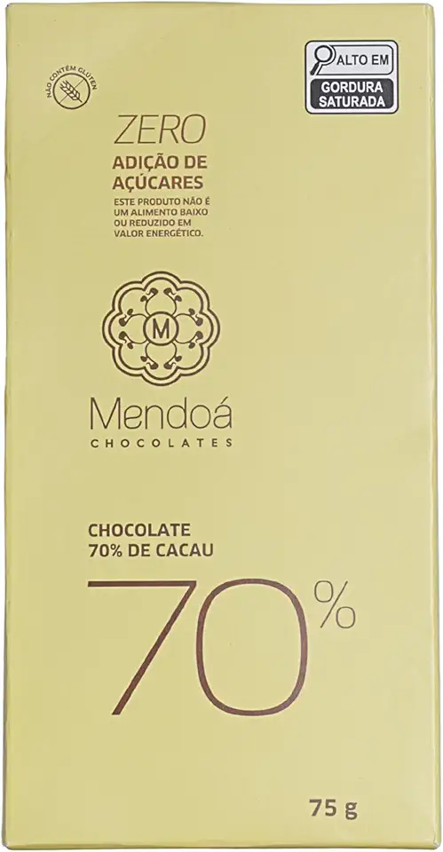 Mendoá, Barra de chocolate premium 70% de cacau, Zero Açúcar, Clássico, 75 gramas