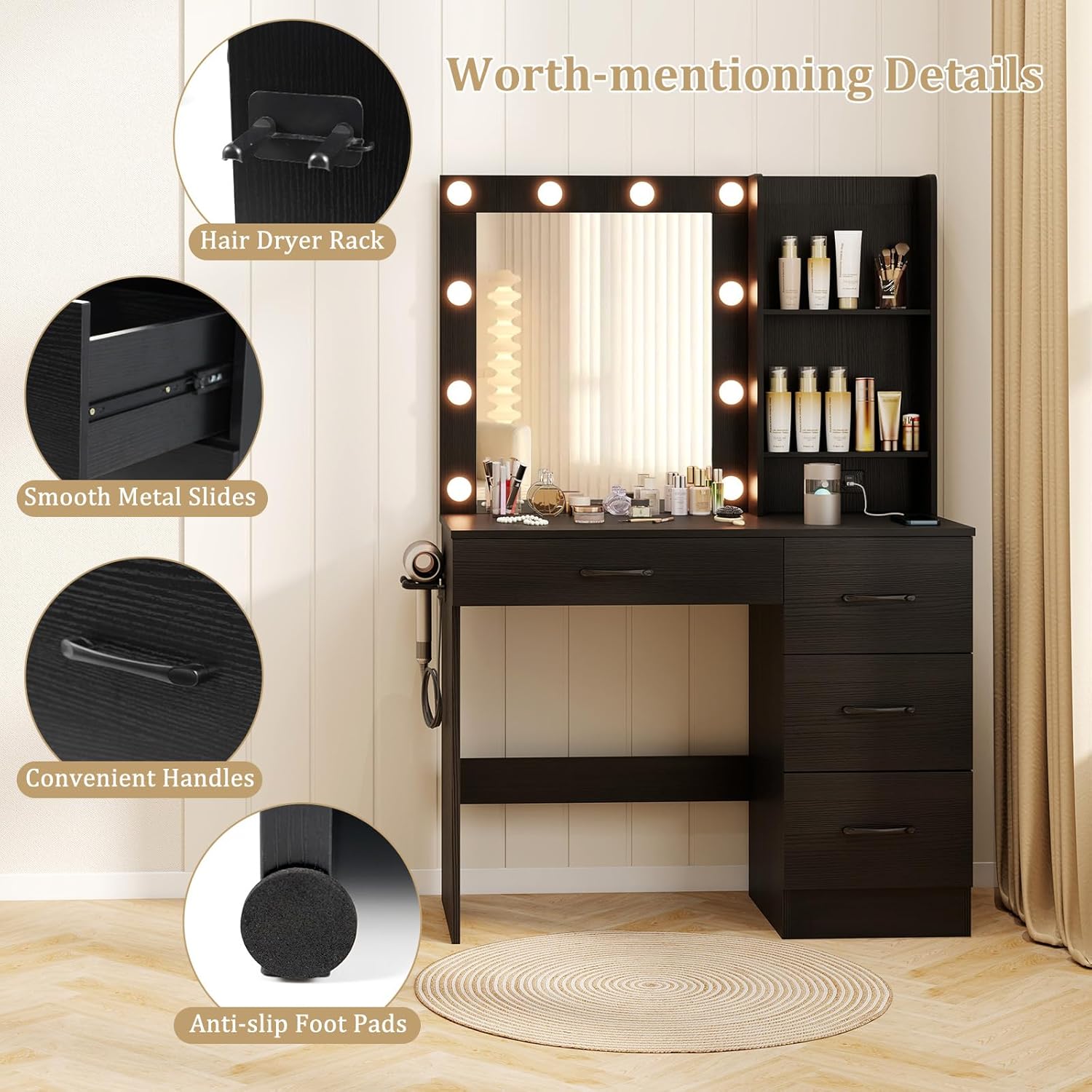 MAT EXPERT Vanity Desk with Mirror and Lights, Dressing Table with 4 Drawers, 2 Storage Shelves, Power Outlet & 3 Color Modes Adjustable, 37” Makeup Vanity Table for Bedroom, Dressing Room (Black)