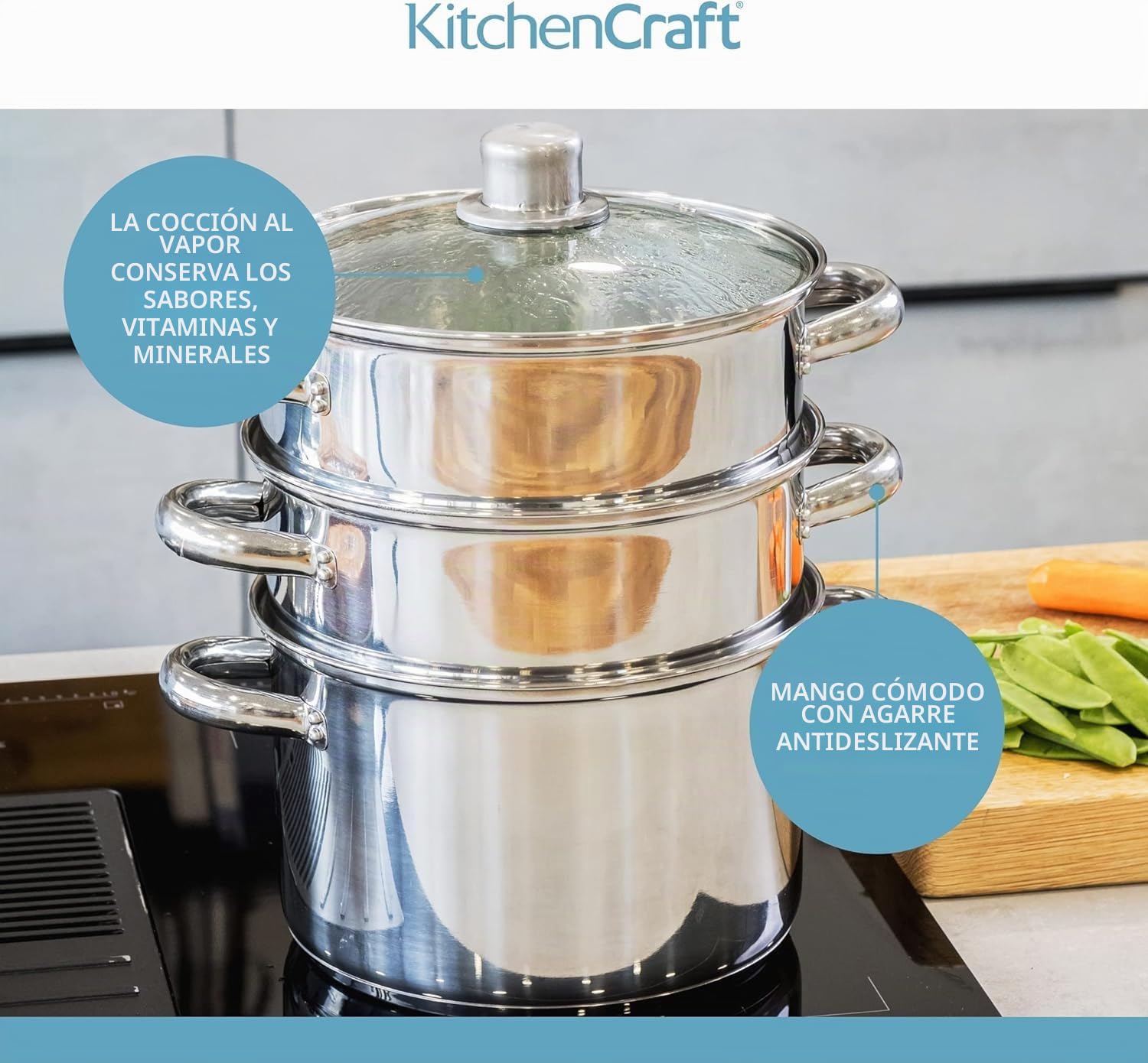 KitchenCraft - Olla Vaporera de Comida de 3 niveles / Cazuela (Stock Pot) en Caja de Regalo, Apta para Inducción, Acero Inoxidable, 22 cm