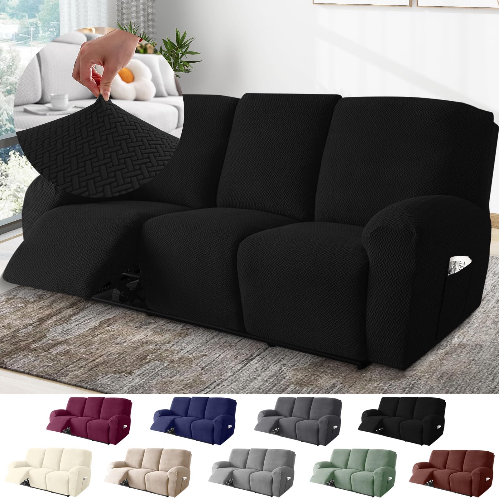 BOYIFEIJIE 3-Seater Recliner Sofa Covers, All-Inclusive Striped Jacquard Sofa Slipcover with Pocket, Non-Slip Stretch Recliner Protector for Living Room Recliner Sofa (Black, 8-Pieces)