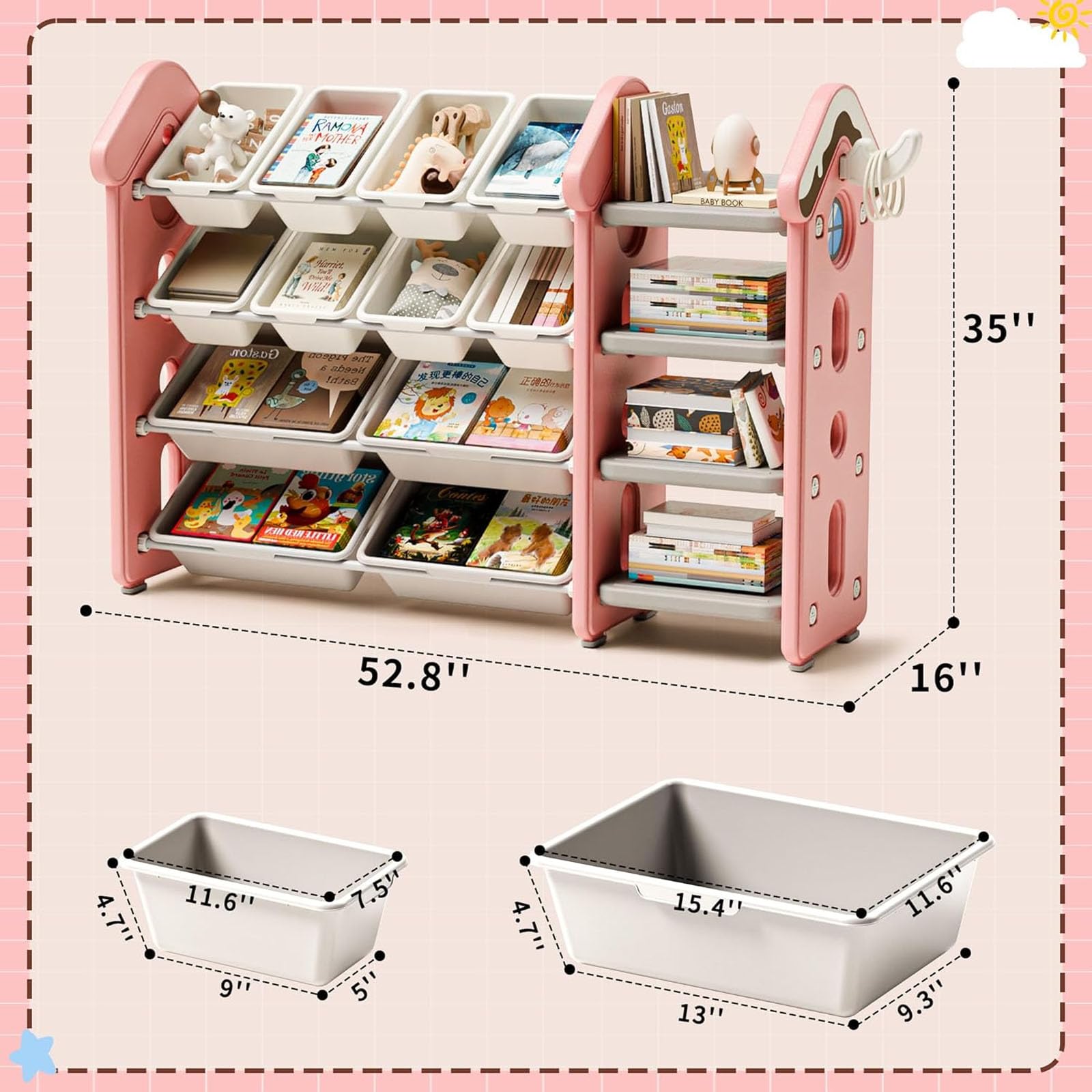Organisateur de rangement de jouets avec 12 bacs, bibliothèque à 4 niveaux, organisation de chambre d'enfant, assemblage facile pour chambre à coucher et décoration de salle de jeux